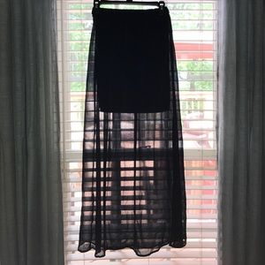 Navy London fashion maxi skirt. Sheer overlay.