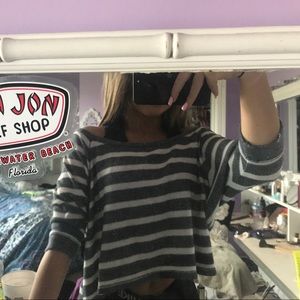 Grey and white striped off the shoulder sweater