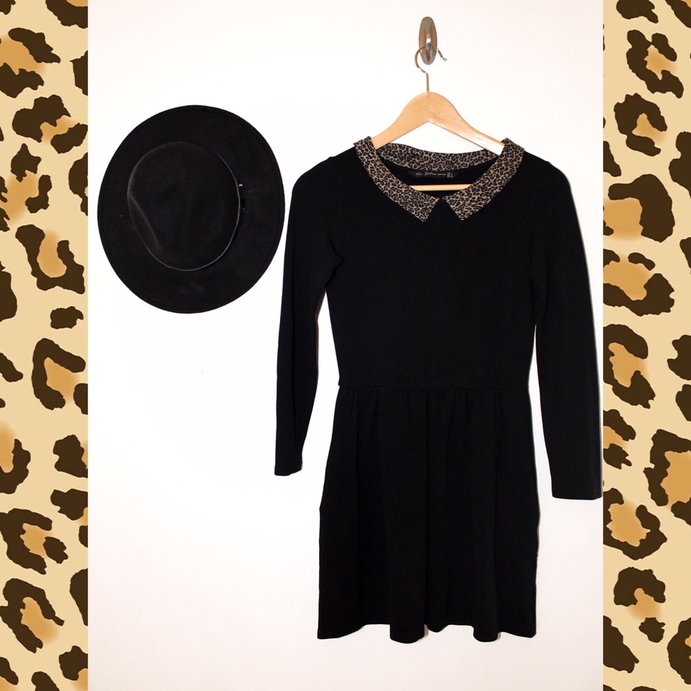 Black Zara Dress with Leopard Collar 🐆