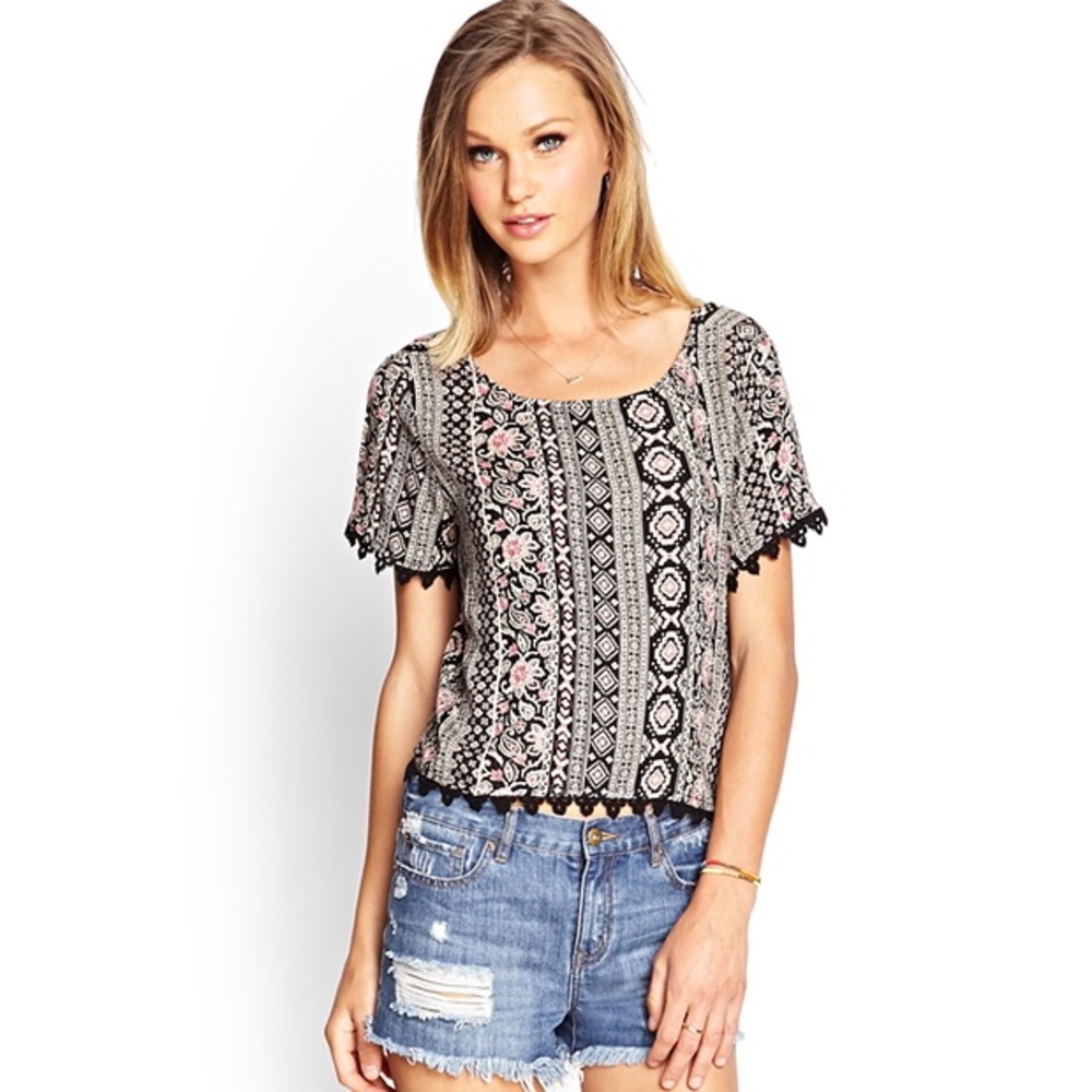 {Forever 21} Tribal Paisley Print Lace Crop Top