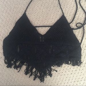 Ecote Black Crochet Festival Fringe Crop Top