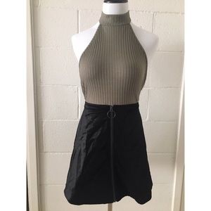 Olive green backless halter top bodysuit