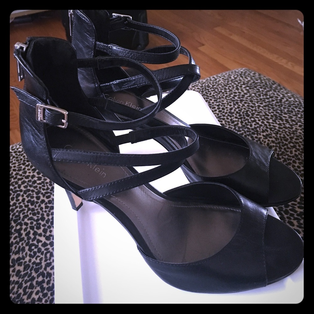 Calvin Klein, leather, 3 1/2" heel sandals