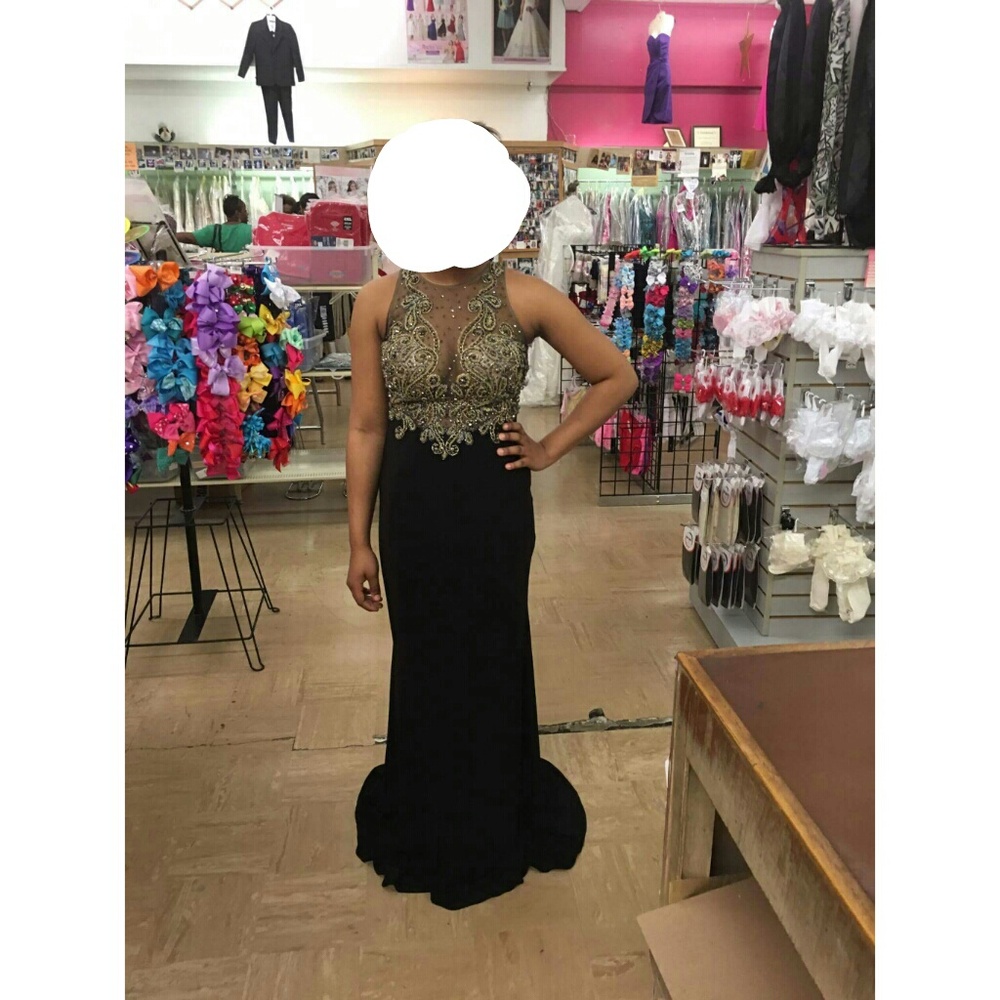 women's black and floral illusion neckline sleevel