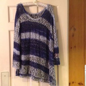 Black, white, blue striped lightweight sweater.