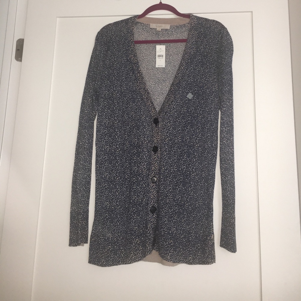 LOFT long cardigan, blue, black, beige pattern.