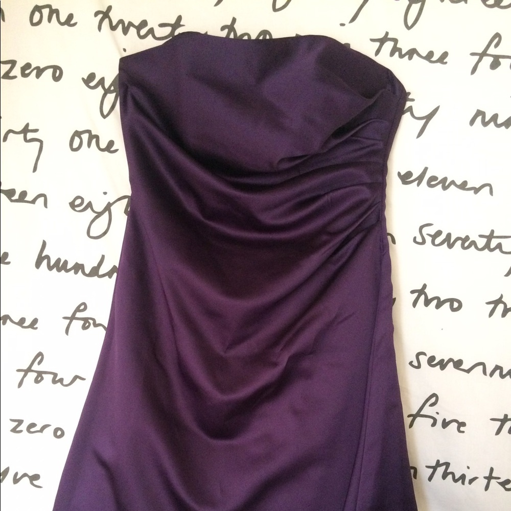 Alfred Angelo strapless eggplant bridesmaid dress.