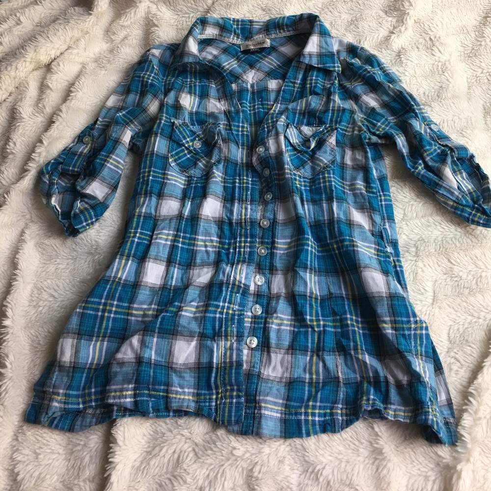 Blue and Yellow Plaid 3/4 Sleeve Shirt