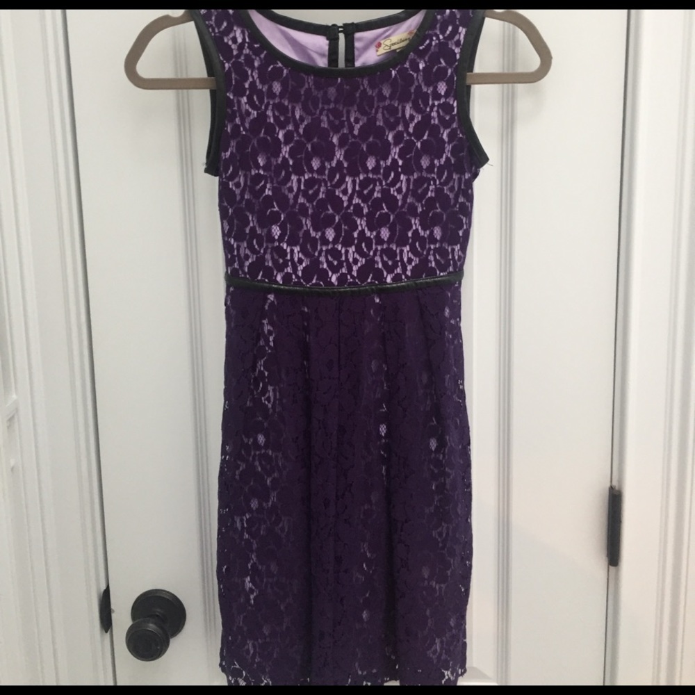 All over lace party dress with leather seam detail