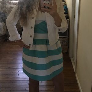 Super cute strapless teal and white striped dress