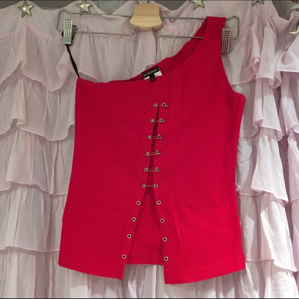 Vintage 90s punk red one-shoulder safety pin top