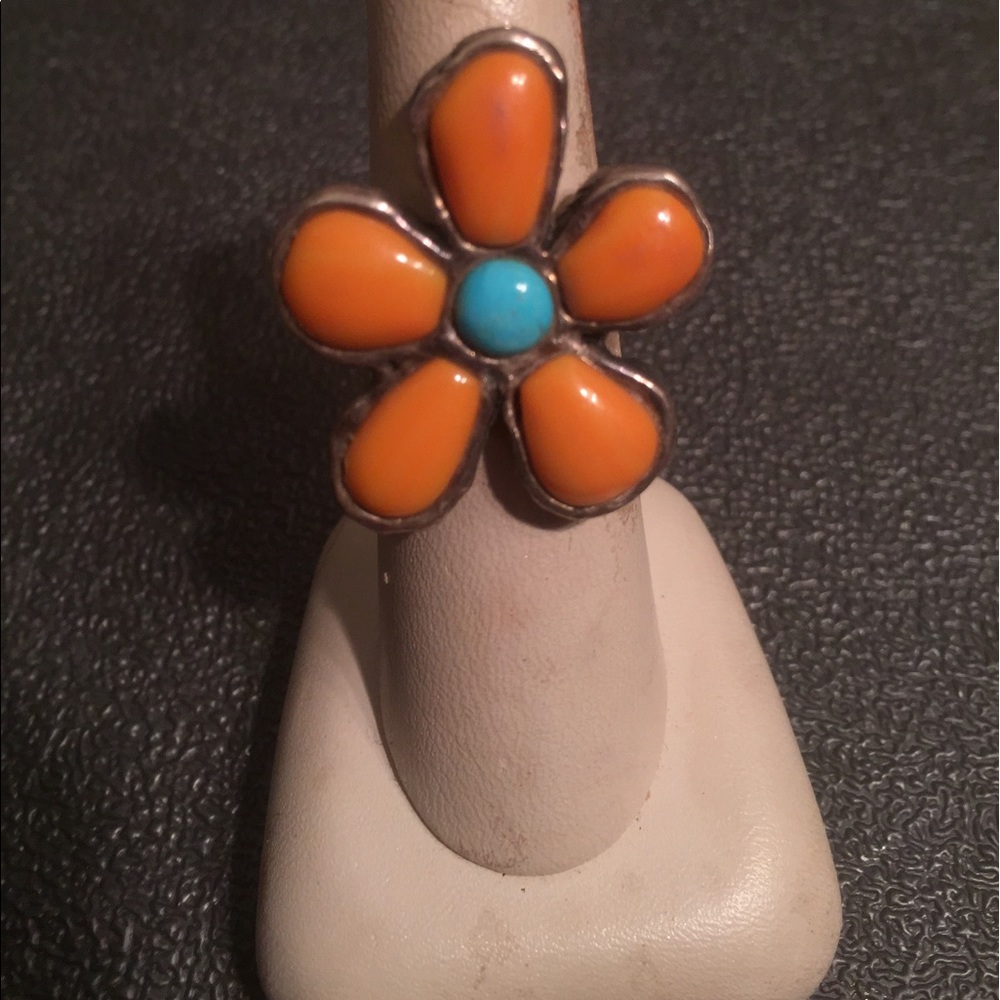Large orange flower ring 925