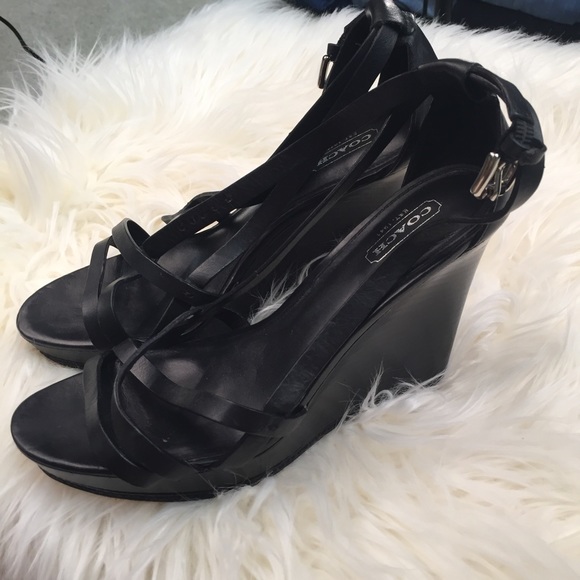[Coach] Marlena Black Leather Wedge Heels - Picture 3 of 8