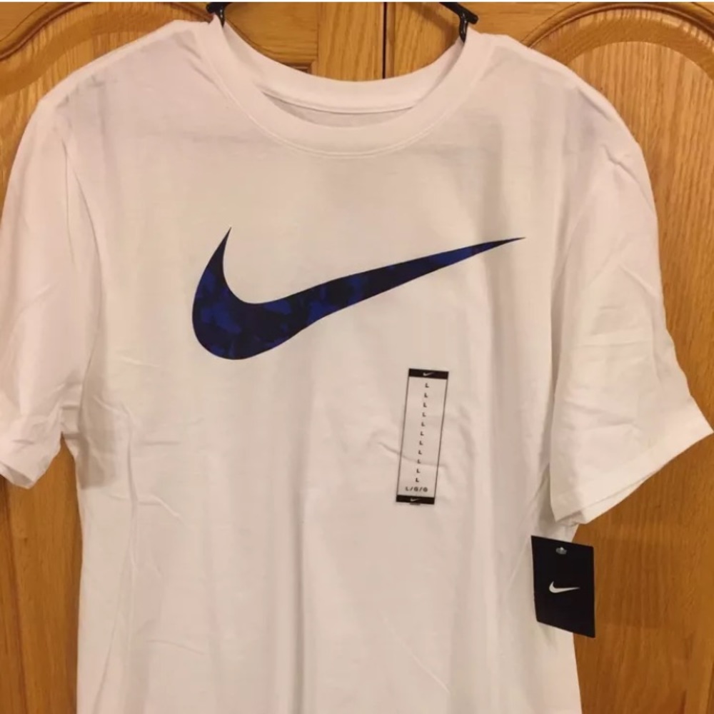 Men's Nike White Cotton Shirt Blue Camo Swoosh L