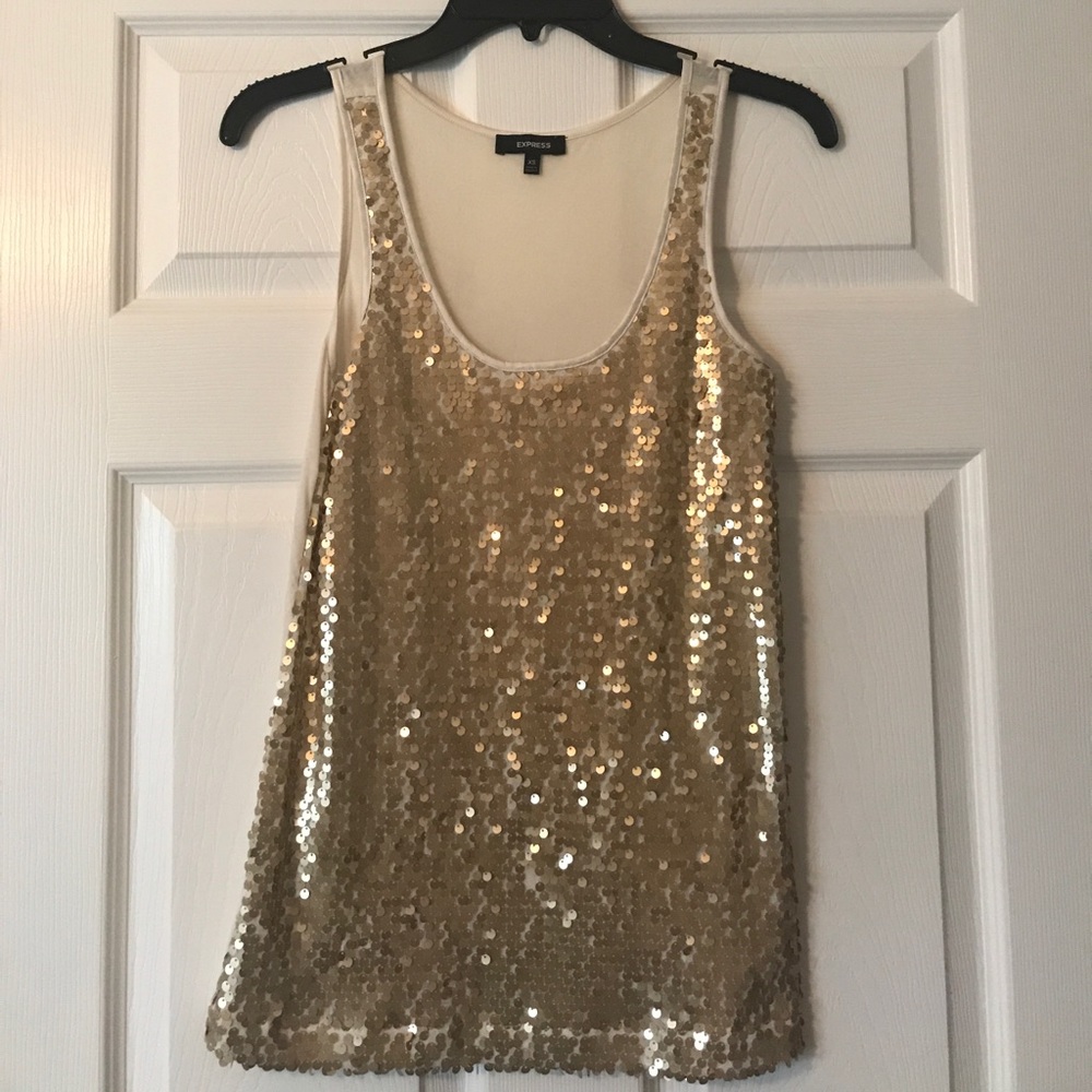 Gold sequin top with white back.
