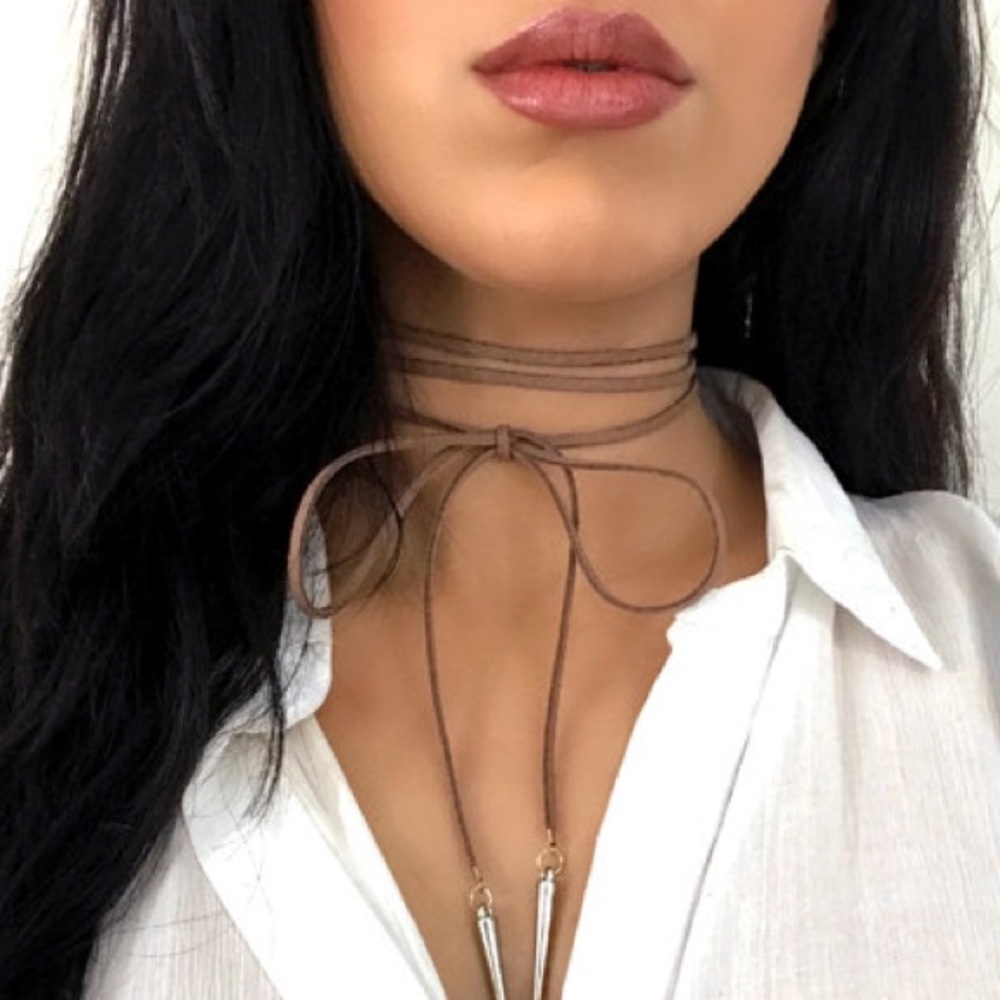 Brown Leather/Suede Choker with Silver Spikes