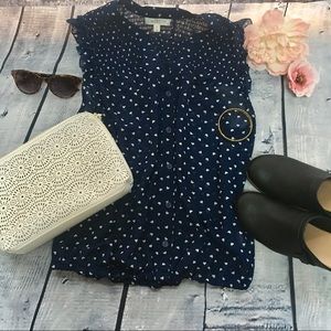 Tops - Sheer Blue and White Hearts Ruffle Button-down Top Tops - Sheer Blue and White Hearts Ruffle Button-down Top