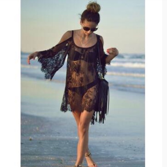 5⭐️ Boho chic🌴LACE batwing cold shoulder cover up - Picture 2 of 6