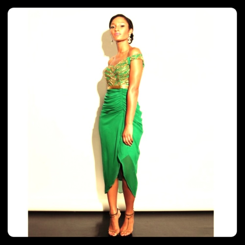 Emerald and gold beaded formal dress