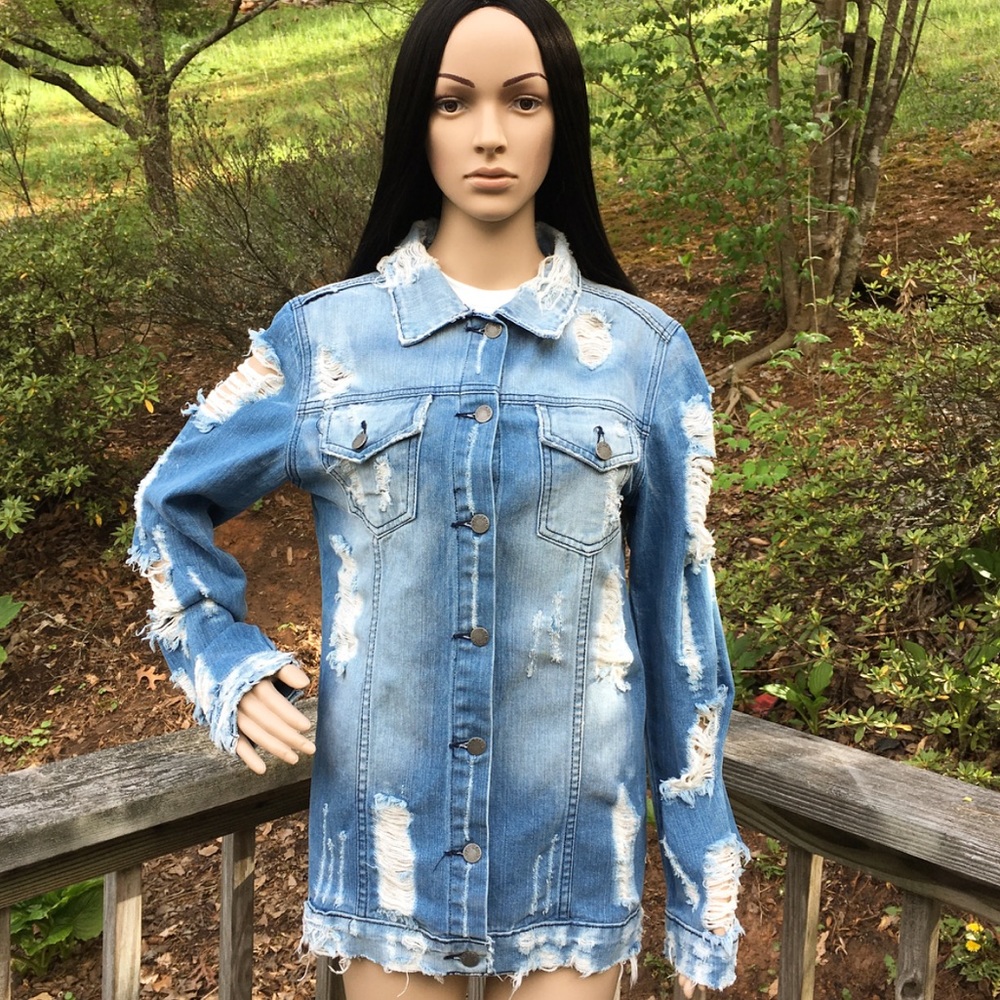 HP🎉 . GJG Denim Medium Wash Super Distressed Denim Button Up Jacket - Picture 7 of 13