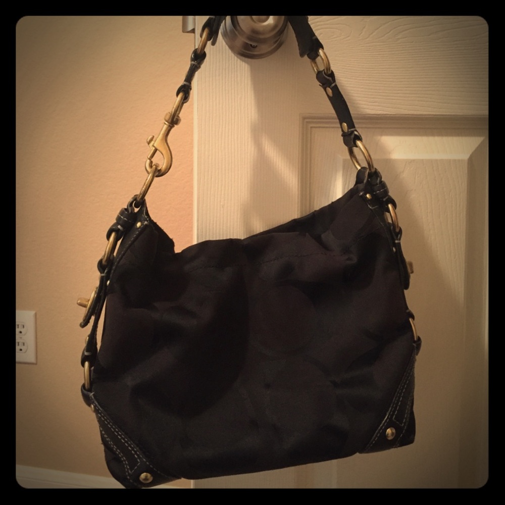 Coach Carly Black Canvas Hobo Shoulder Bag