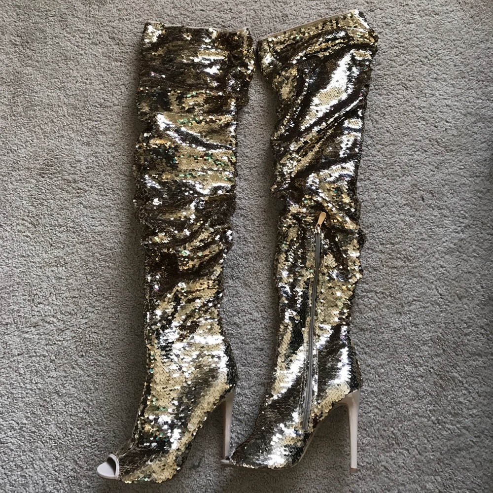 Gold Sequin sexy thigh high open toe stilettos