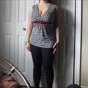 Judy Knapp red belted tie-back houndstooth tank