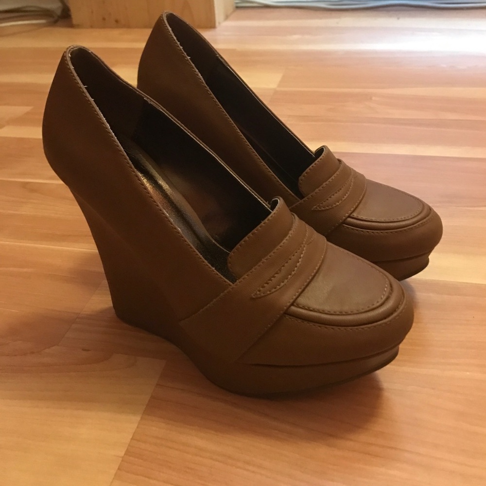 Tan loafer wedges light brown platform heels