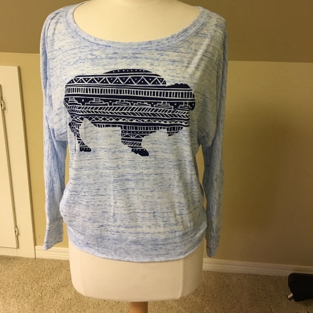 Blue and white shirt with a tribal buffalo
