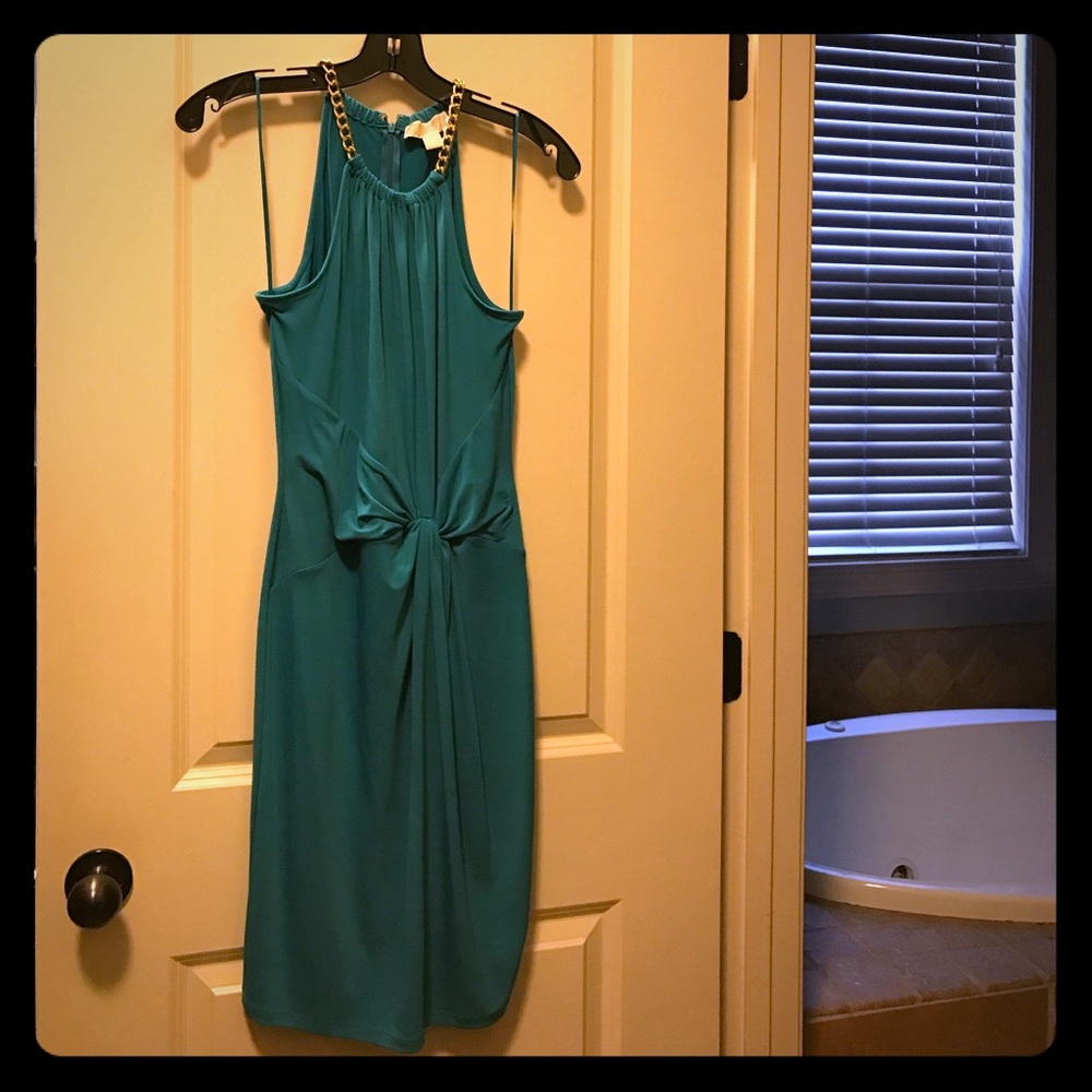 Turquoise dress with gold chain straps