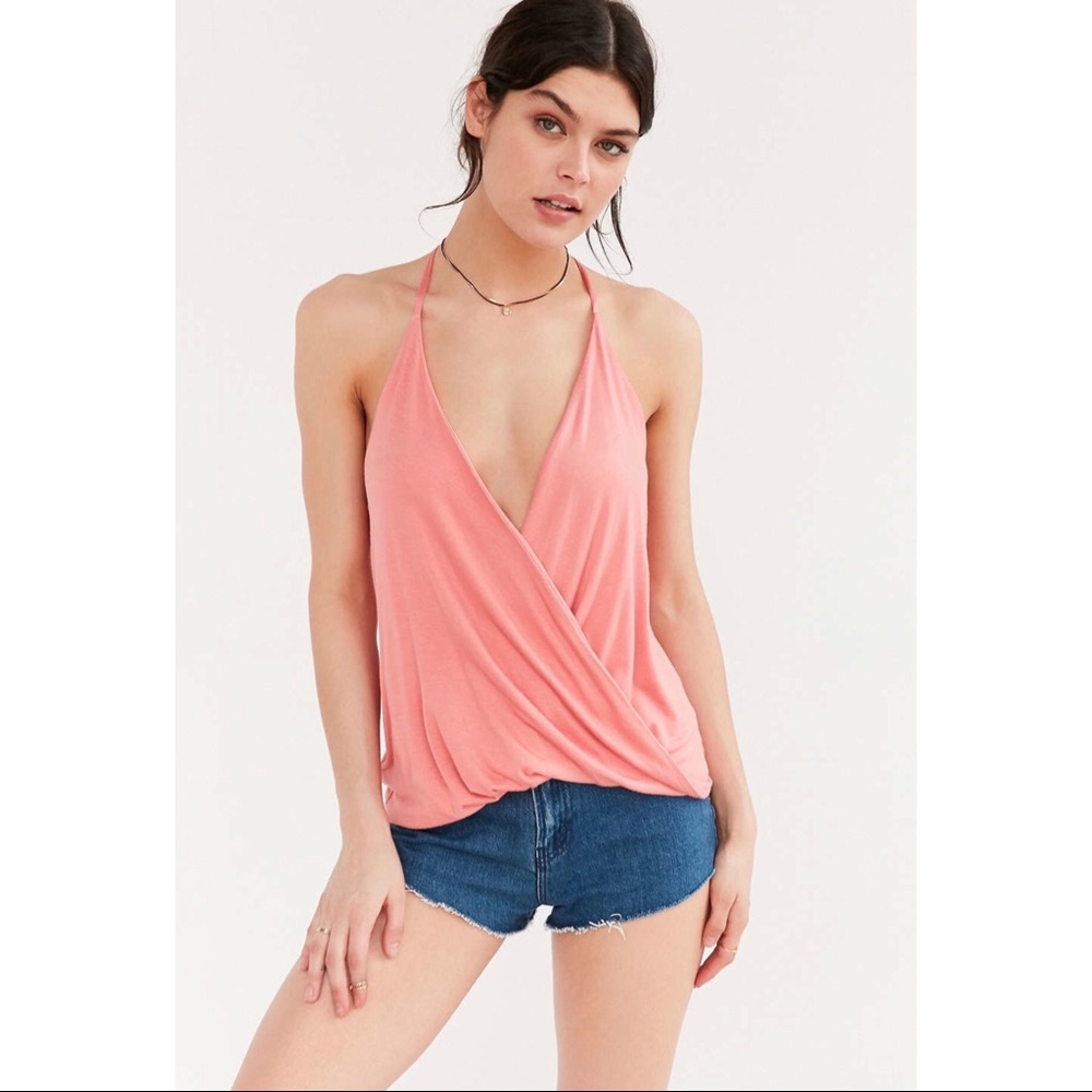 UO Silence & Noise Ava Surplice Coral Top
