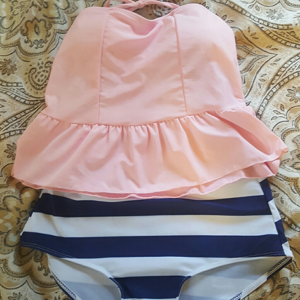 Pink/blue/white high wasted swim suit