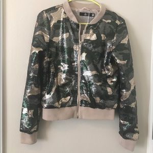Army Print Sequin Bomber Jacket