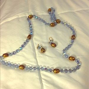 Blue crystal and bead necklace and earring set