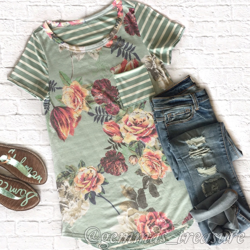 Mint Floral & Stripe Top || Size Small - Picture 1 of 2