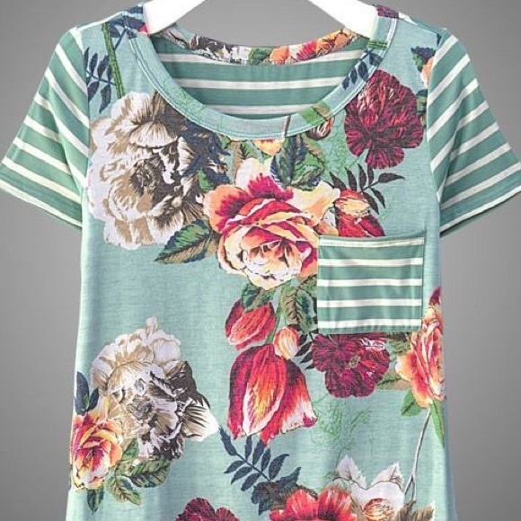 Mint Floral & Stripe Top || Size Small - Picture 2 of 2