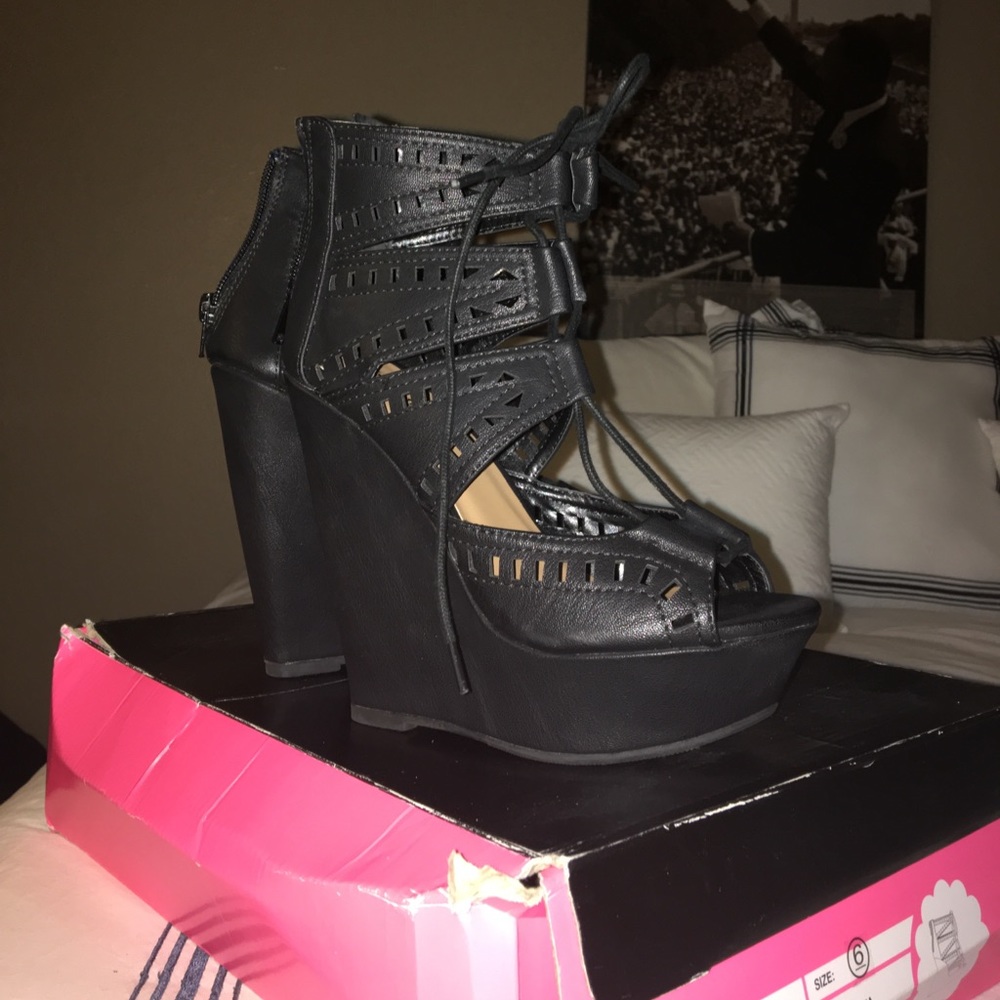 Black lace-up peep toe wedge heel