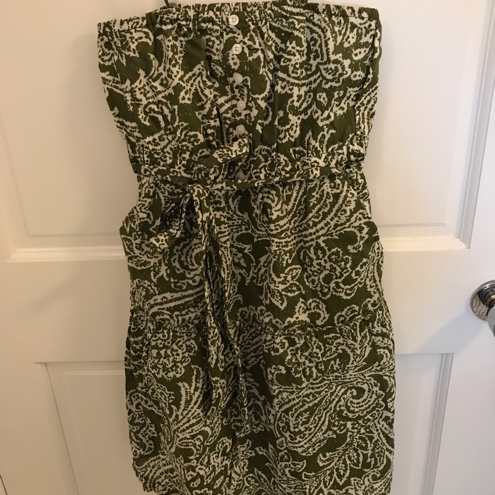 Olive green paisley strapless sundress w/ pockets