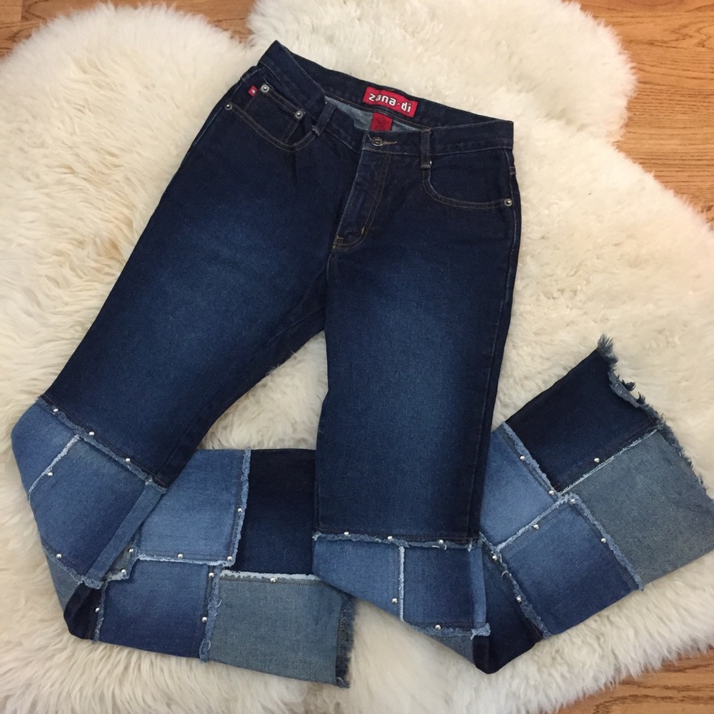 zana-di - Studded patchwork mid-rise flare denim