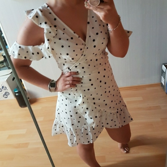 Polka Dot Cold Shoulder Wrap Dress - Picture 3 of 5