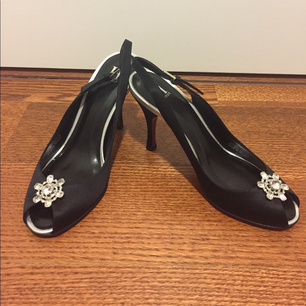 Black Satin Sandal with Rhinestone