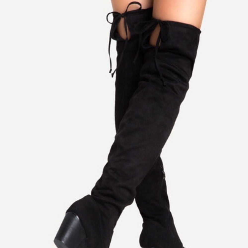 Black suede lace-up over the knee boots