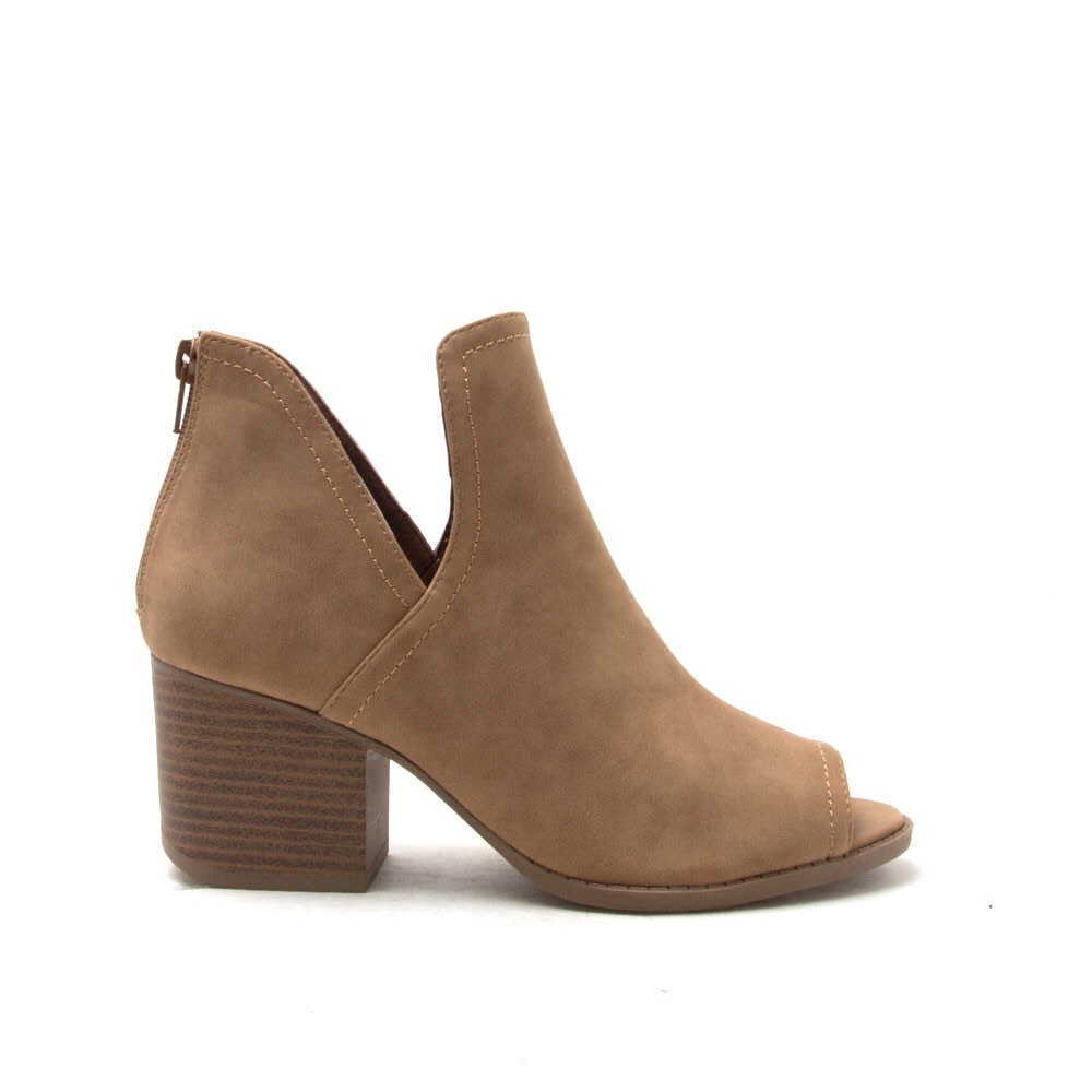Qupid peep-toe booties in camel/tan