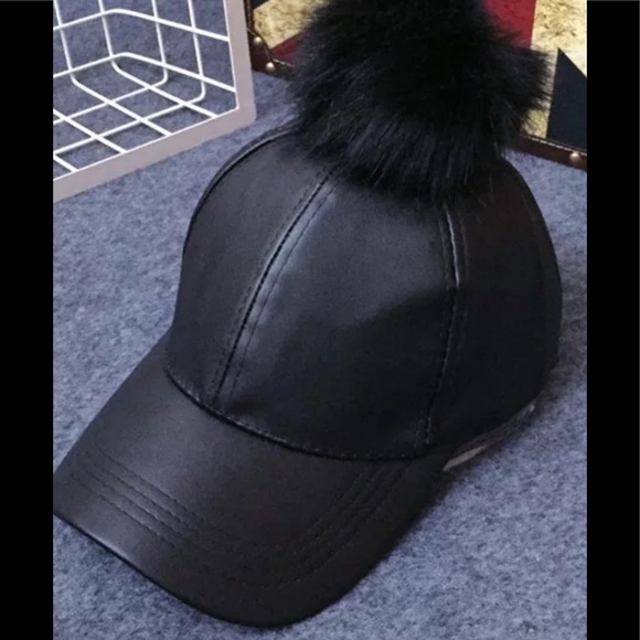 Vegan Leather Pom Pom Baseball Hat - Picture 2 of 4