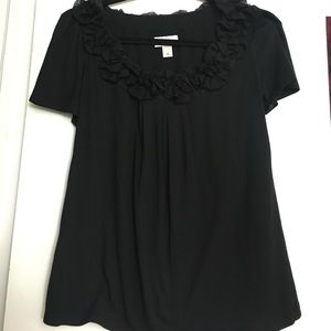Black Ruffled Neck Short Sleeve Blouse