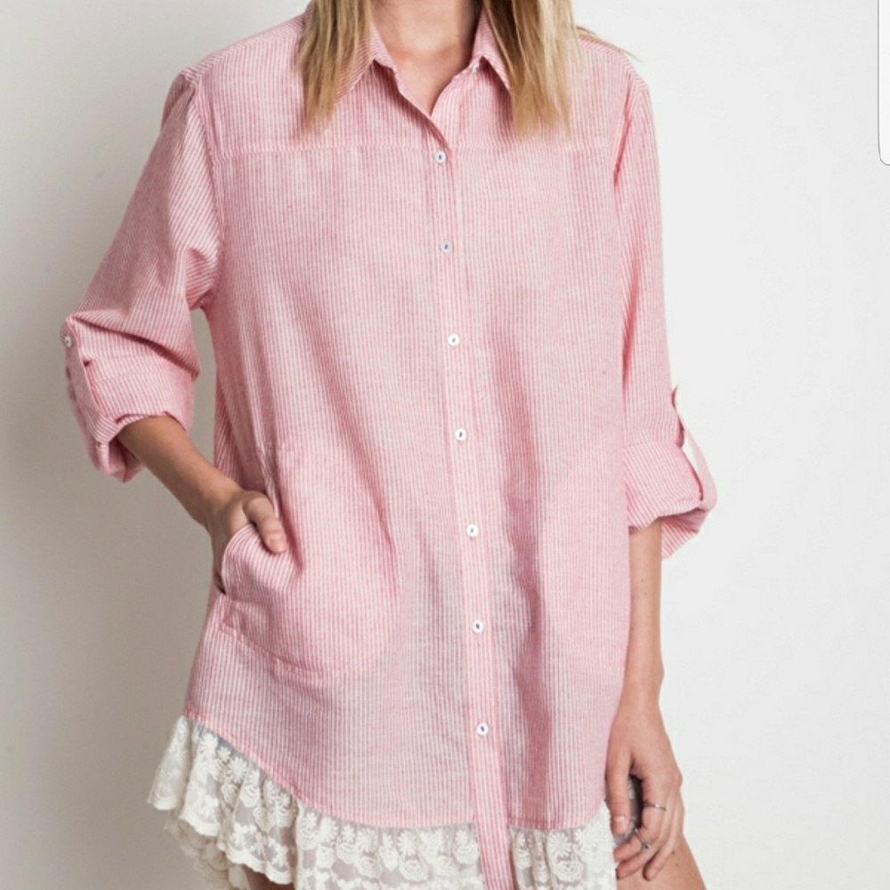 Red Stipe Button Up Lace Hem Top