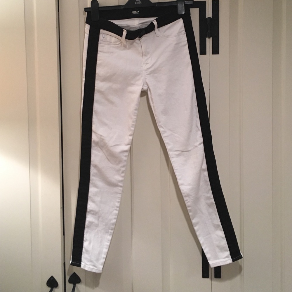 Hudson tuxedo stripe cropped skinny white jeans