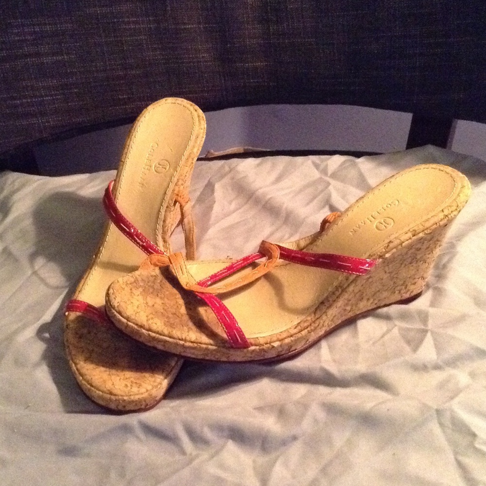 Red and orange patent strapped wedge.