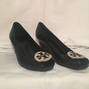 Black leather Tory Burch peep toe wedges