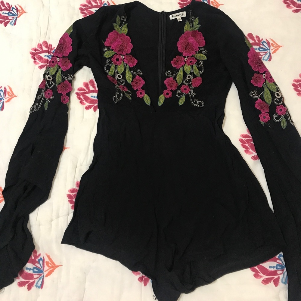 Black floral Romper w/ plunging neckline